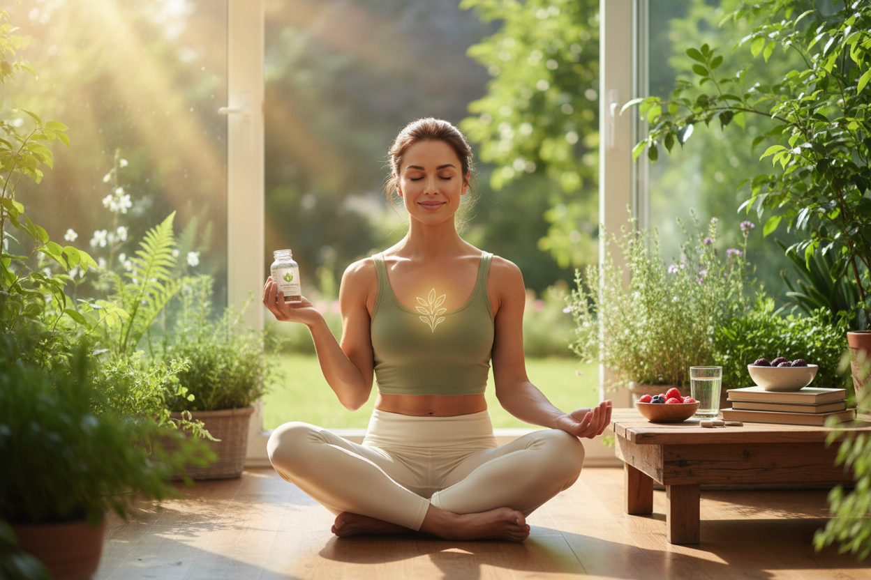 una personas tomando producto naturales en pastilla  que le permite tener un balance fisico y energetico  controlado 